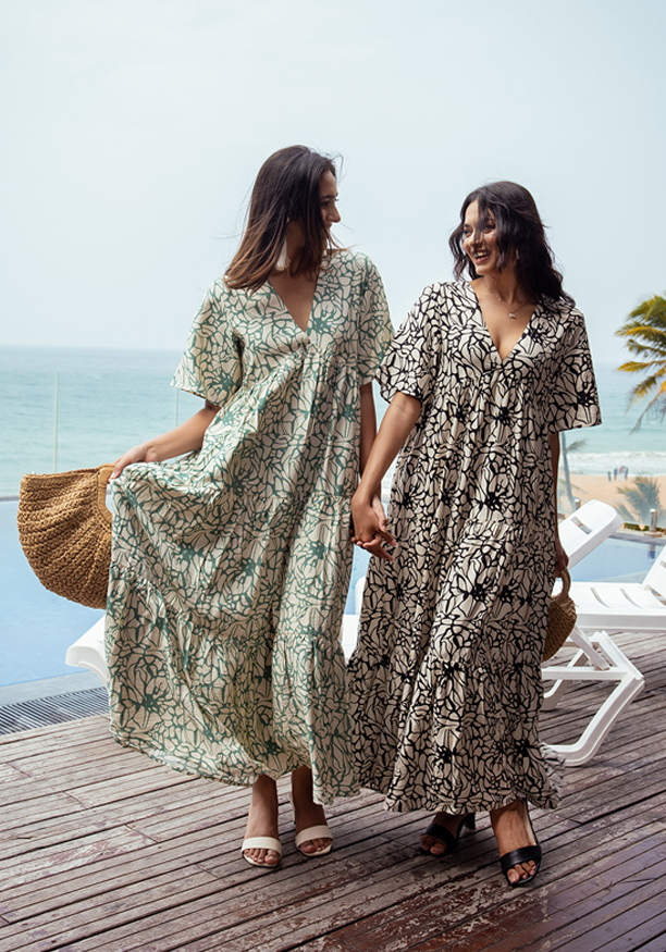 JENNY V NECK GREEN & WHITE DRESS